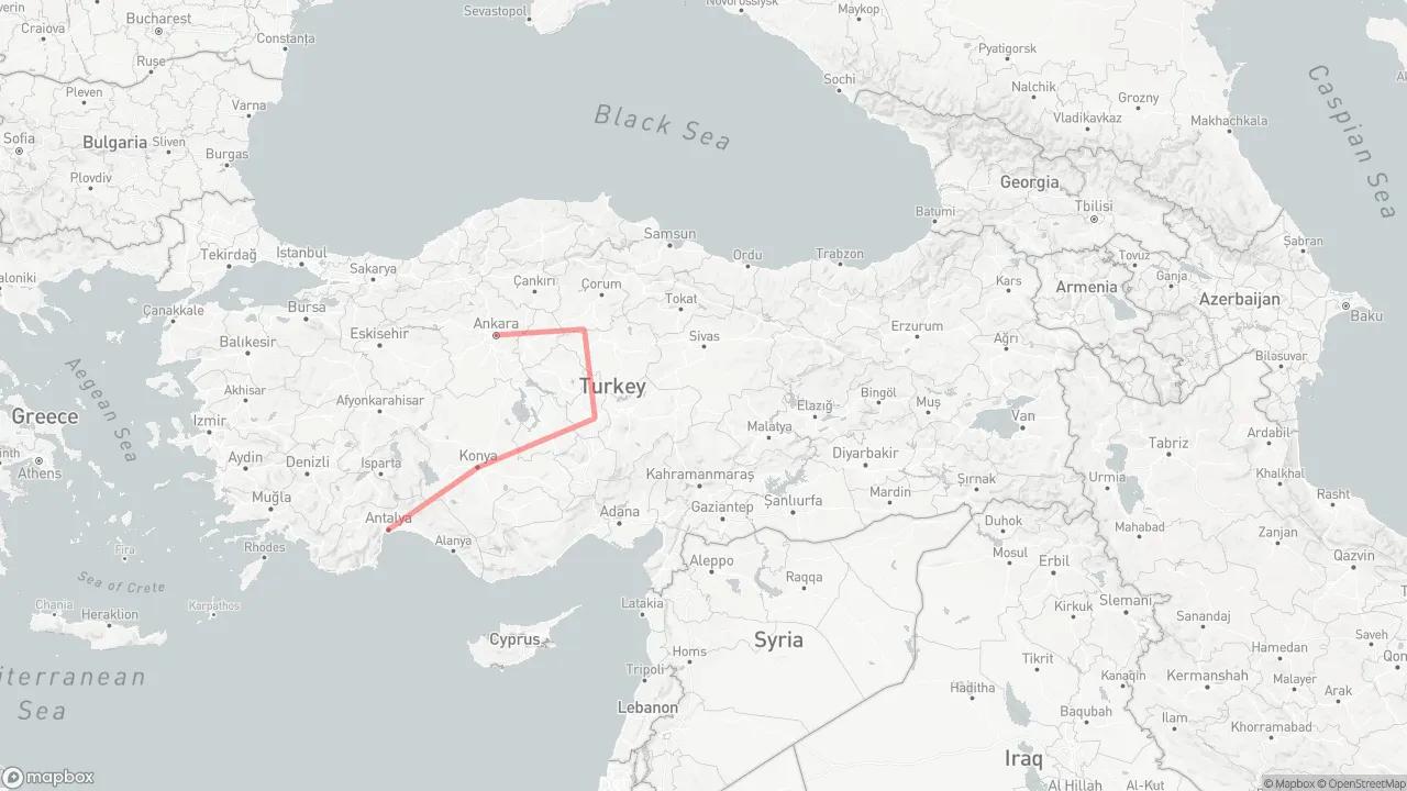 Self Drive Ankara to Antalya Route Map