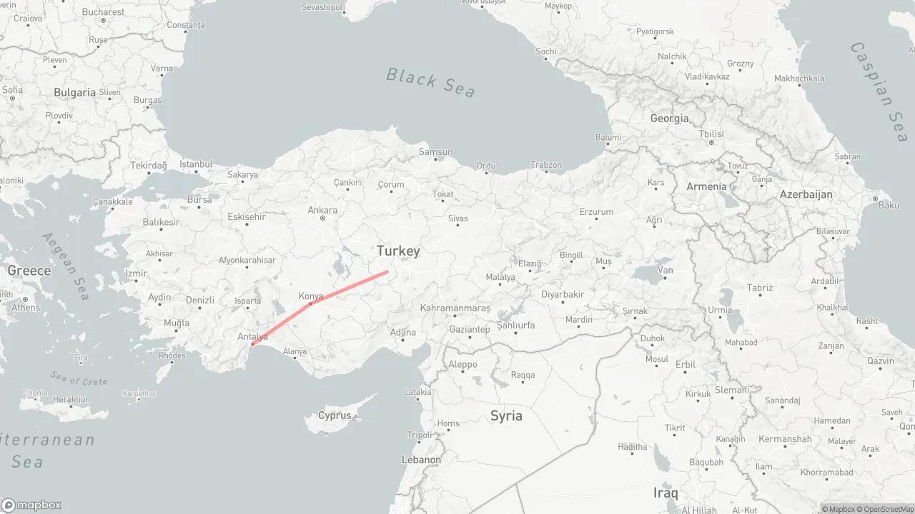 Self Drive Cappadocia to Antalya Route Map