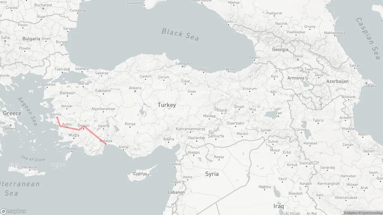 Self Drive Ephesus to Antalya Route Map